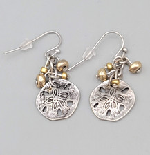 Sand Dollar Charm Pierced Earrings Gold tone Beads Silver tone Dangle 1 in
