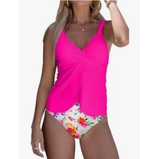 Beachsissi Tankini Swimsuit Womens Large Pink Floral Wrap Top High Waist Set NEW