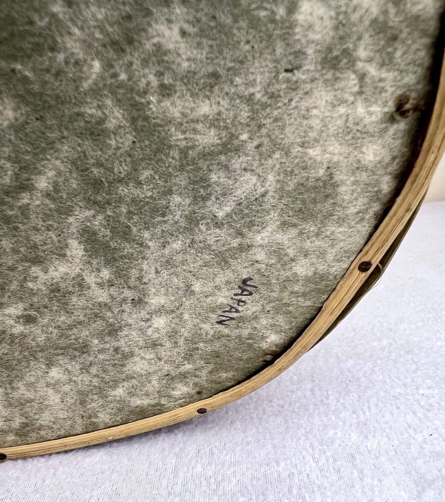 Vintage Sewing Basket Faux Ratan Wicker Sea Foam Green Satin Lining Japan 10.5”