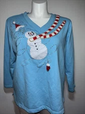 Quacker Factory Snowman Holiday Top Blue Long Sleeve Women’s M Embellished