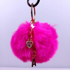 Personalized Initial Letter A Keychain Faux Fur Hot Pink Pom-pom, Charms 199