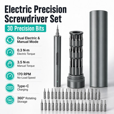 Electric Precision Screwdriver Set, 30 Bits, Type-C Rechargeable, 360° Storage