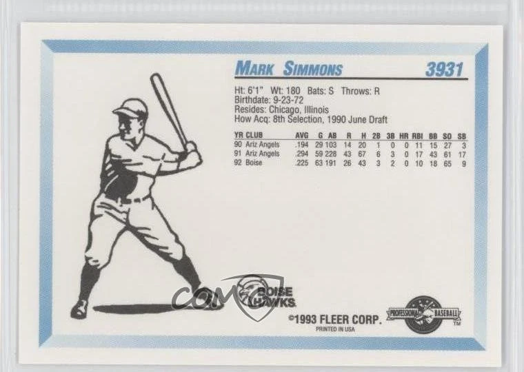 1993 Fleer ProCards Minor League Mark Simmons #3931 - Image 2 of 2