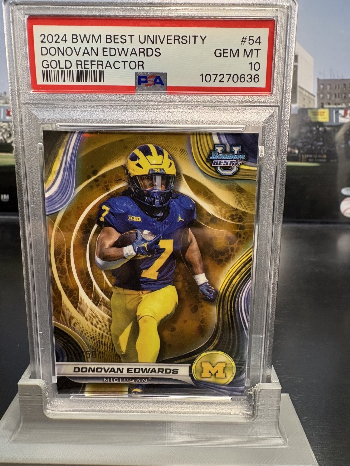 Donovan Edwards 2024 Bowmans Best University Gold Refractor PSA 10 POP 1 #'d /50