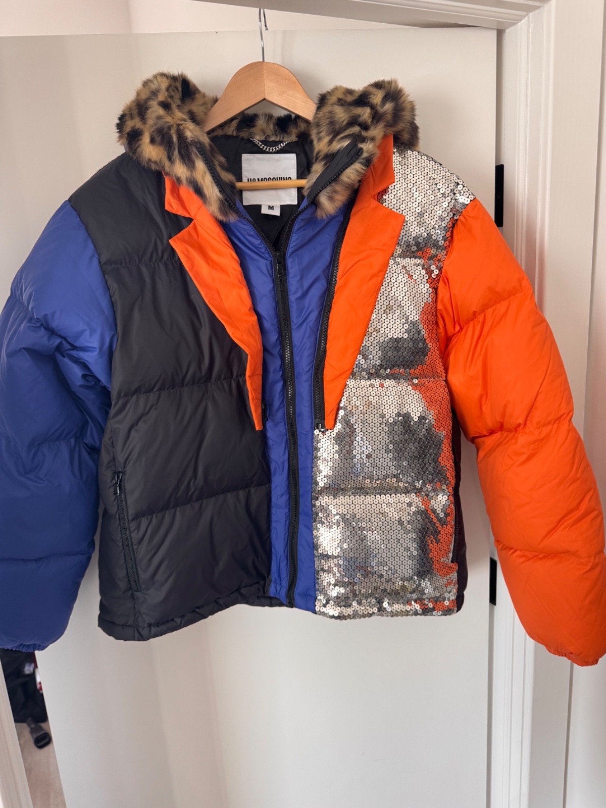 Moschino x H&M Sequin, Blue, Orange, Black, and Leopard Down Jacket, Size M