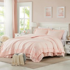 Blush Pink Comforter Set Queen, 3Pcs Comforters Queen Size Ruffle Farmhouse B...