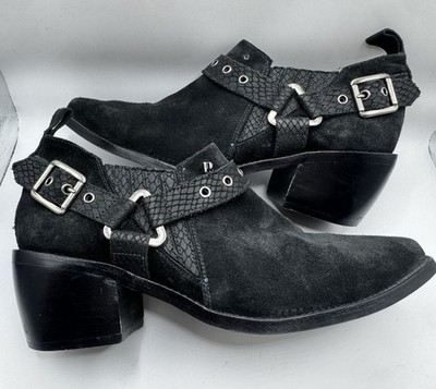 Pollini 8 Black Suede Harness Boot Ankle Bootie Buckle 38 Italian