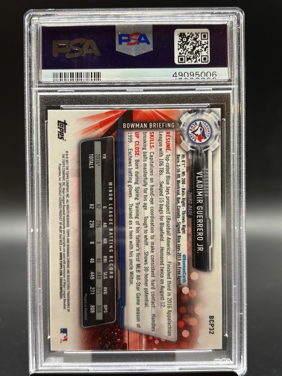 2017 Bowman #BCP32 Vladimir Guerrero Jr. Chrome Prospects PSA 10 view 2