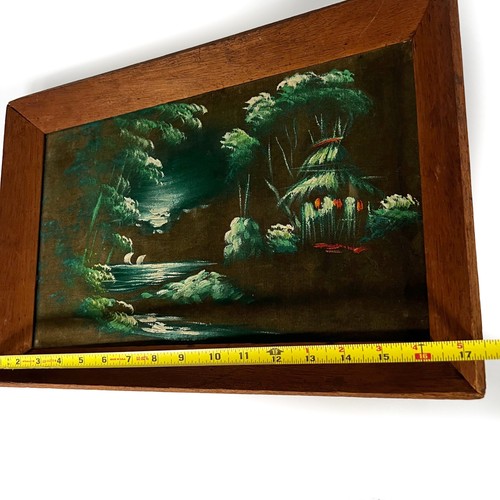 VTG Velvet Tiki Painting Moonlit Tropical Water Illuminated Hut Landscape Framed - Picture 16 of 17