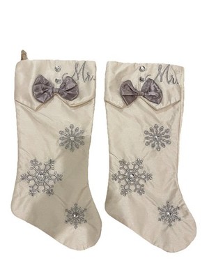 Lot 2- 18 In  Embroidered MR Beads Beige Christmas Stockings