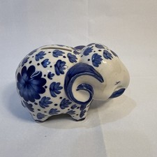 Blue White Ceramic  4X6" Piggy Bank Elephant Figurine
