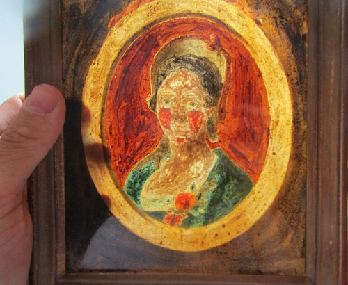 Fixé sous verre 18 ème siècle PORTRAIT Femme 18TH C REVERSE PAINTED PORTRAIT TBE - Imagen 3 de 8