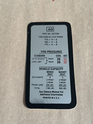 #ad #ad 1970 GM CHEVY CAMARO Z 28 TIRE PRESSURE DECAL Part No. 3972284 DC 625 $8.99