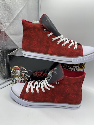 Ed Hardy Mens Shoes Size 10.5 Red Canvas Skater High Top Lifestyle Sneakers