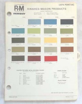 1974 PONTIAC R-M COLOR PAINT CHIP CHART ALL MODELS ORIGINAL