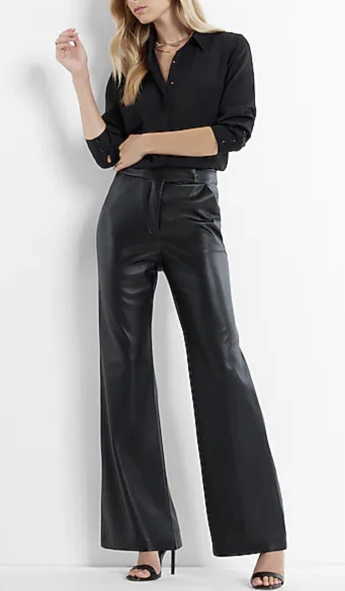 NWT 98 Express Flare Faux Leather Black Pants Wide Leg Super High Rise 14 P