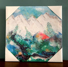 New CANVAS PRINT WALL ART   12 x 12  Mountains Water  Aqua Blue Green  Wood Base