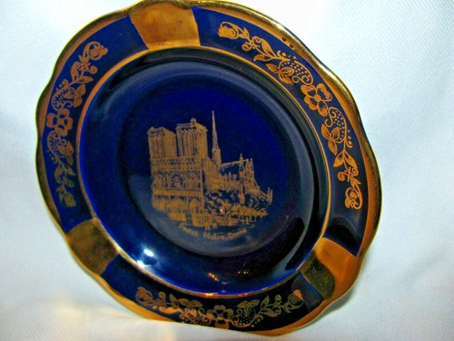 PARIS - CATHEDRA NOTRE DAME LIMOGES LIMOGES HAND PAINTED GOLD COBALT ASHTRAY - Picture 11 of 11