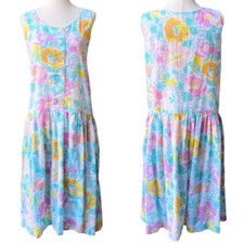 Vintage 80s 90s Pastel Floral Drop Waist Dress
