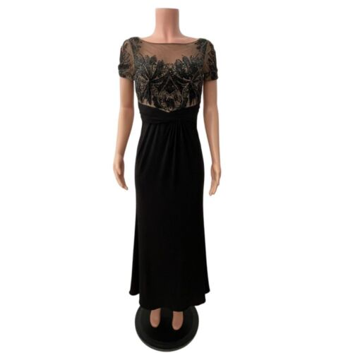 David Meister Long Sheath Black Applique Illusion Beaded Gown, sz 2, Intricate - Picture 2 of 21