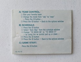 Tecmo Super Bowl TEC-4U-US Quick Reference Card Nintendo NES Game Cartridge #2