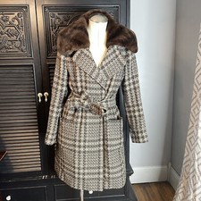 Classiques Entier Women’s Wool Plaid Removable Faux Collar Belted Trench Coat M