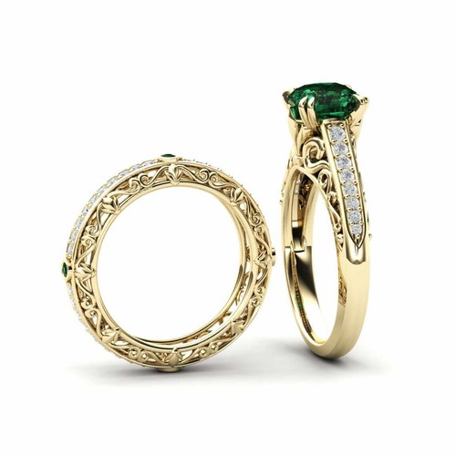 Anello di fidanzamento smeraldo verde, anello set matrimonio smeraldo, finitura oro 14k, set anelli - Foto 12 di 26