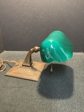Original Emeralite Type Bronzed Iron Cased Glass Banker s/ Desk Lamp