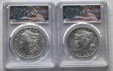 2023 SILVER MORGAN & PEACE  DOLLAR PCGS MS70 FDOI FLAG PAUL BALAN TOP POP OF 40