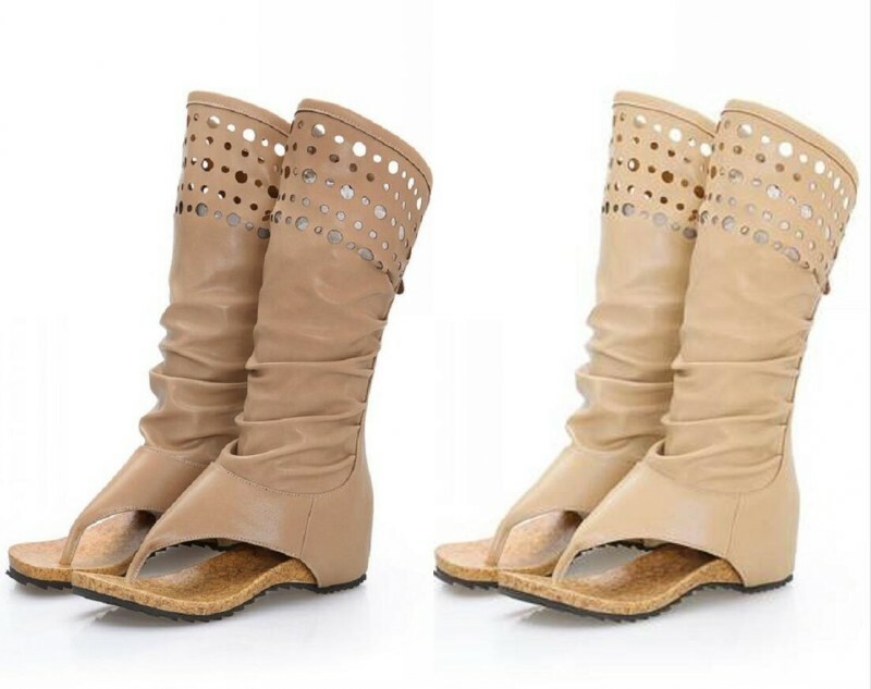 Gladiator Roman Womens Thongs Sandals Knee High Zipper Low Wedge