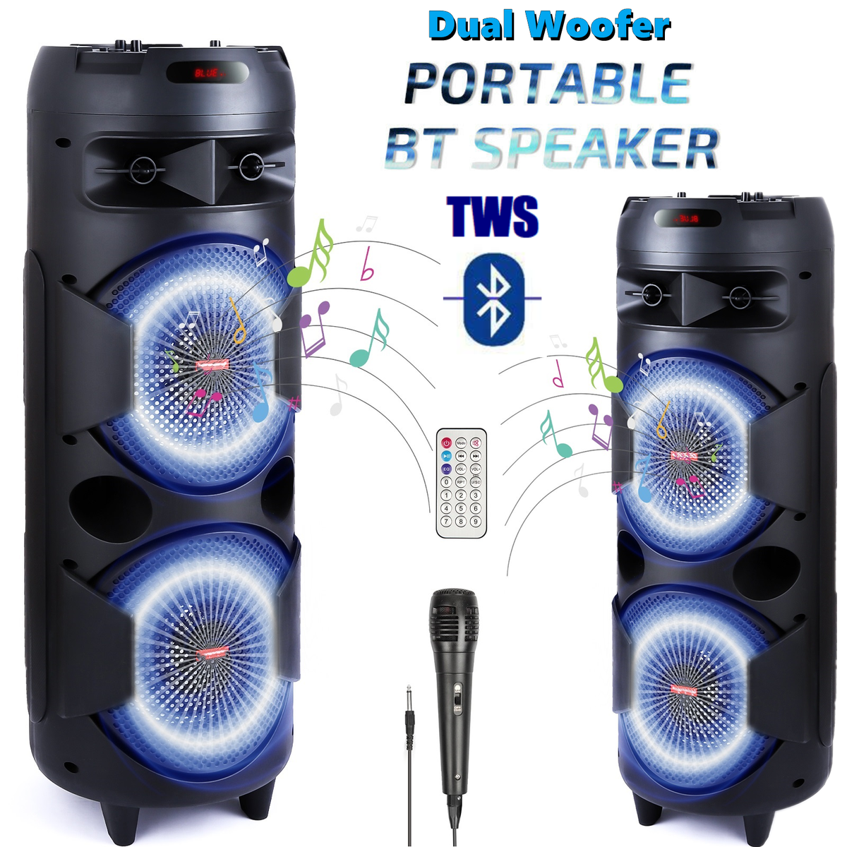 5,000W Portable Bluetooth Speaker Dual woofer Heavy Bass Party System MIC  AUX FM