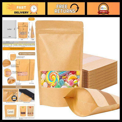 72pcs Kraft Paper Resealable Bags 5.9x8.6'' Stand Up Pouches for Food & Coffee