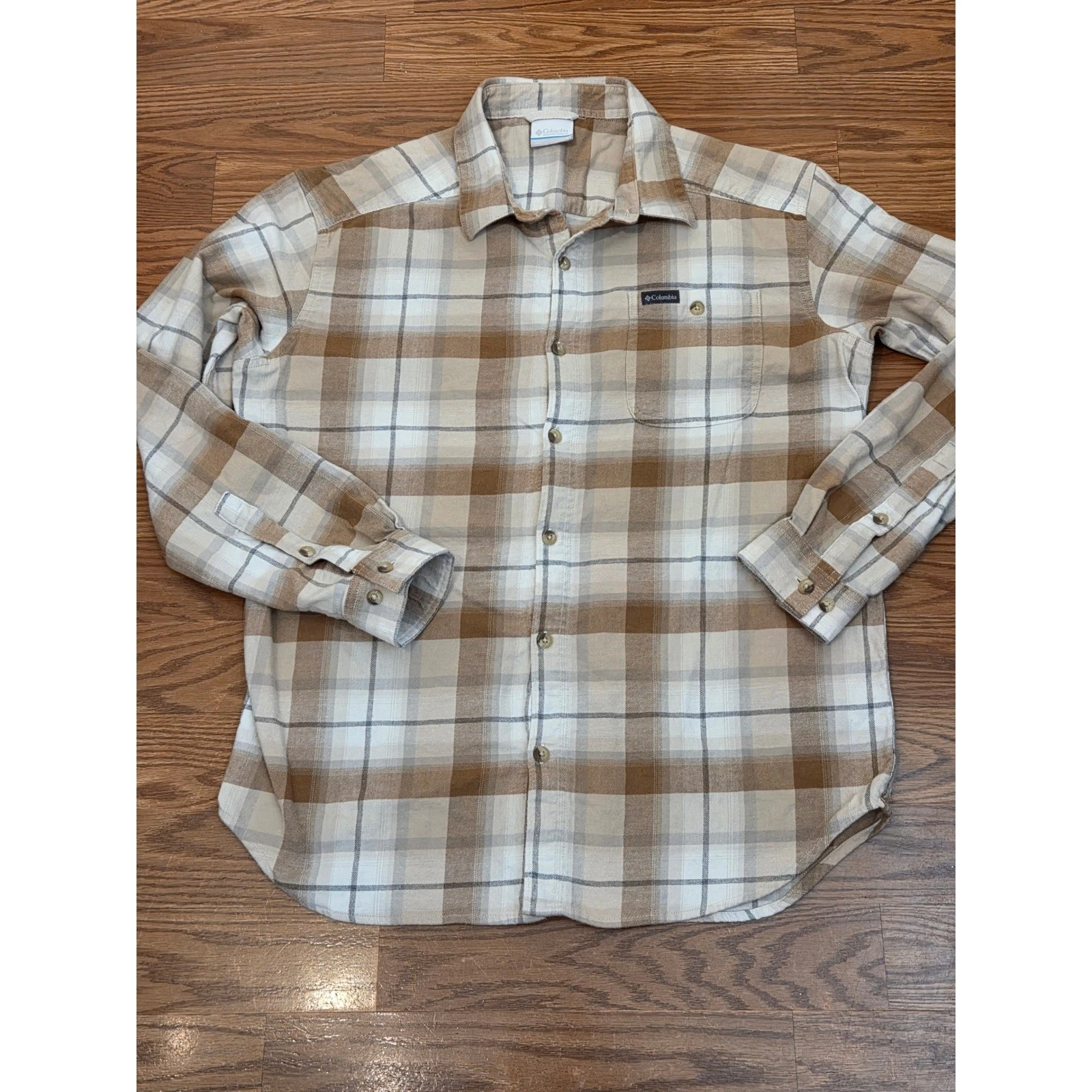 Columbia Mens Cornell Woods Plaid Flannel Shirt Tan Brown AM1523 Size Medium