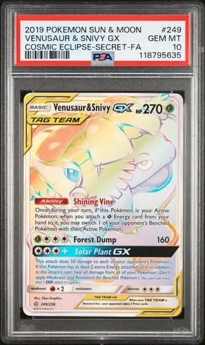 2019 POKEMON SUN & MOON COSMIC ECLIPSE #249 FULL ART/VENUSAUR & SNIVY GX PSA 10