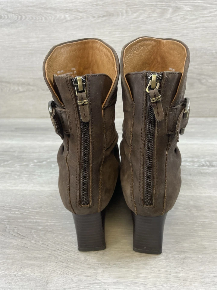 Earthies Chelsea Women's Ankle Boots Brown Leather 8 Wedge Ankle Ruched Buckle - Image 4 of 4