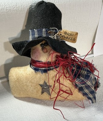 Primitive Snowman Head And Shoulders With Top Hat Wool Felt  Snow Flakes  Tag 9 