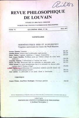 Hermeneutique hier et Aujourd'Hui. Vingtieme anniversaire du Centre de Wulf- Man