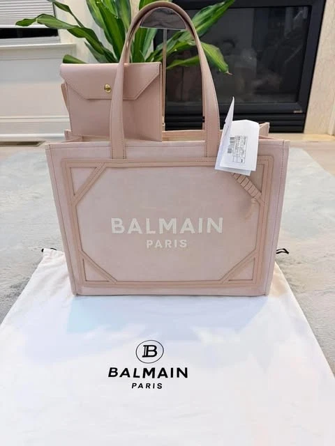 Balmain — Balmain Small B-Army Shopper Tote Bag in blush Pink Suede Leather  AUTHENTIC