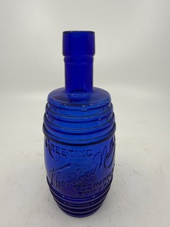 COBALT THEODORE NETTER PHILADELPHIA FIGURAL BARREL ANTIQUE WHISKEY PREPRO BOTTLE