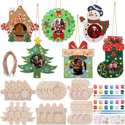 24 Pcs Wood Unfinished Christmas Photo Frame Ornaments Craft Kit DIY Christma...
