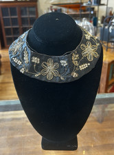Vintage Handmade Mid Century Black Silk Beaded Gold Wire Add On Collar India