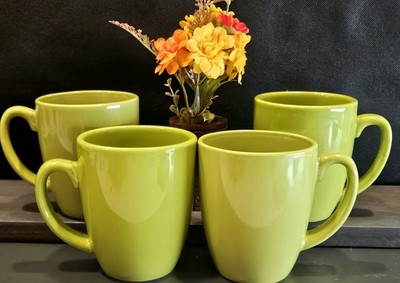Corelle Coordinates Set of 4 Coffee Mugs Lime Green Retro Stoneware Cups 12 Oz