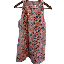 Women’s Anthropologie Pinstripe BEADED BOHO A Line Floral Embroidered Dress SZ L