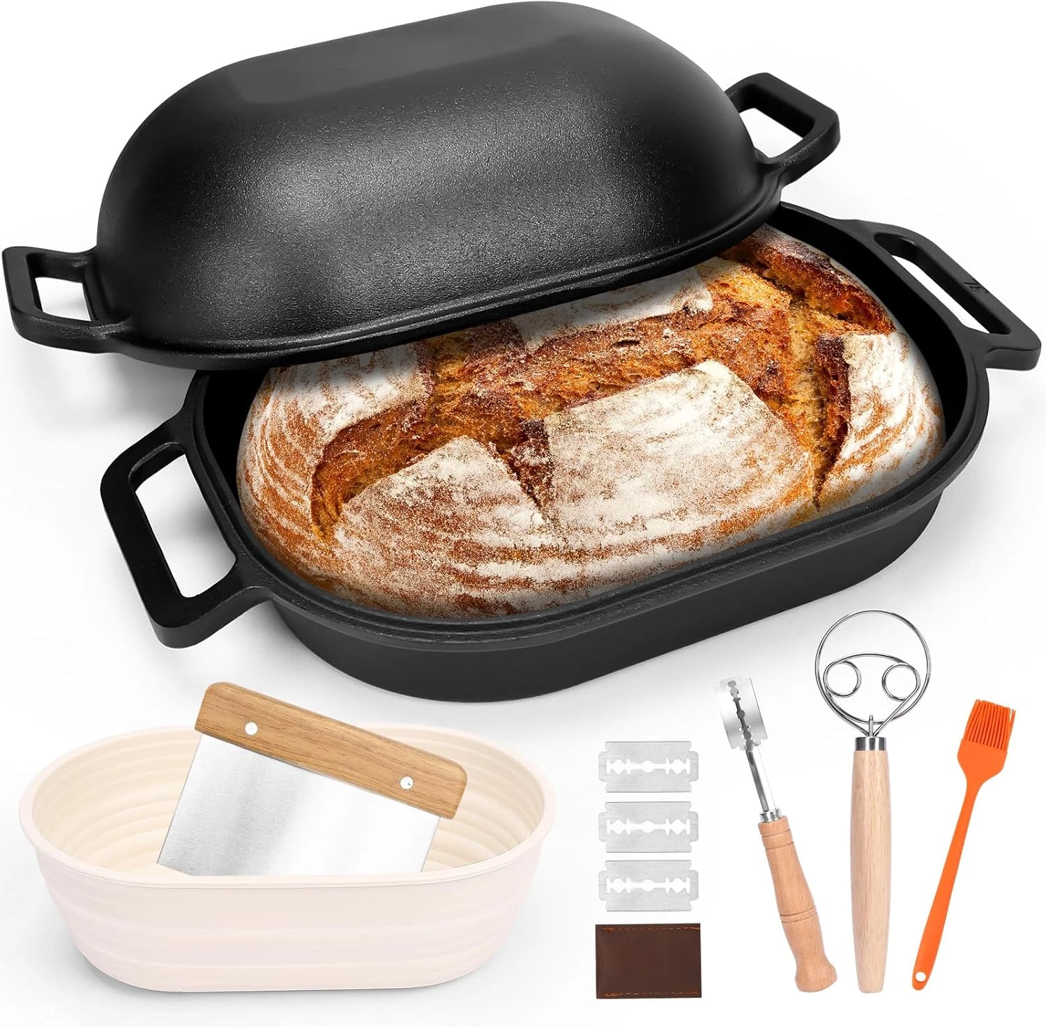 16" Oval Cast Iron Dutch Oven & Sourdough Kit - 9.5QT Bread Maker Set