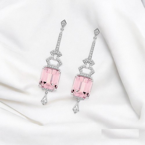 Pink Morganite Earrings White Gold Plated 925 SS Lab Created Diamond jewellery - Picture 4 of 8