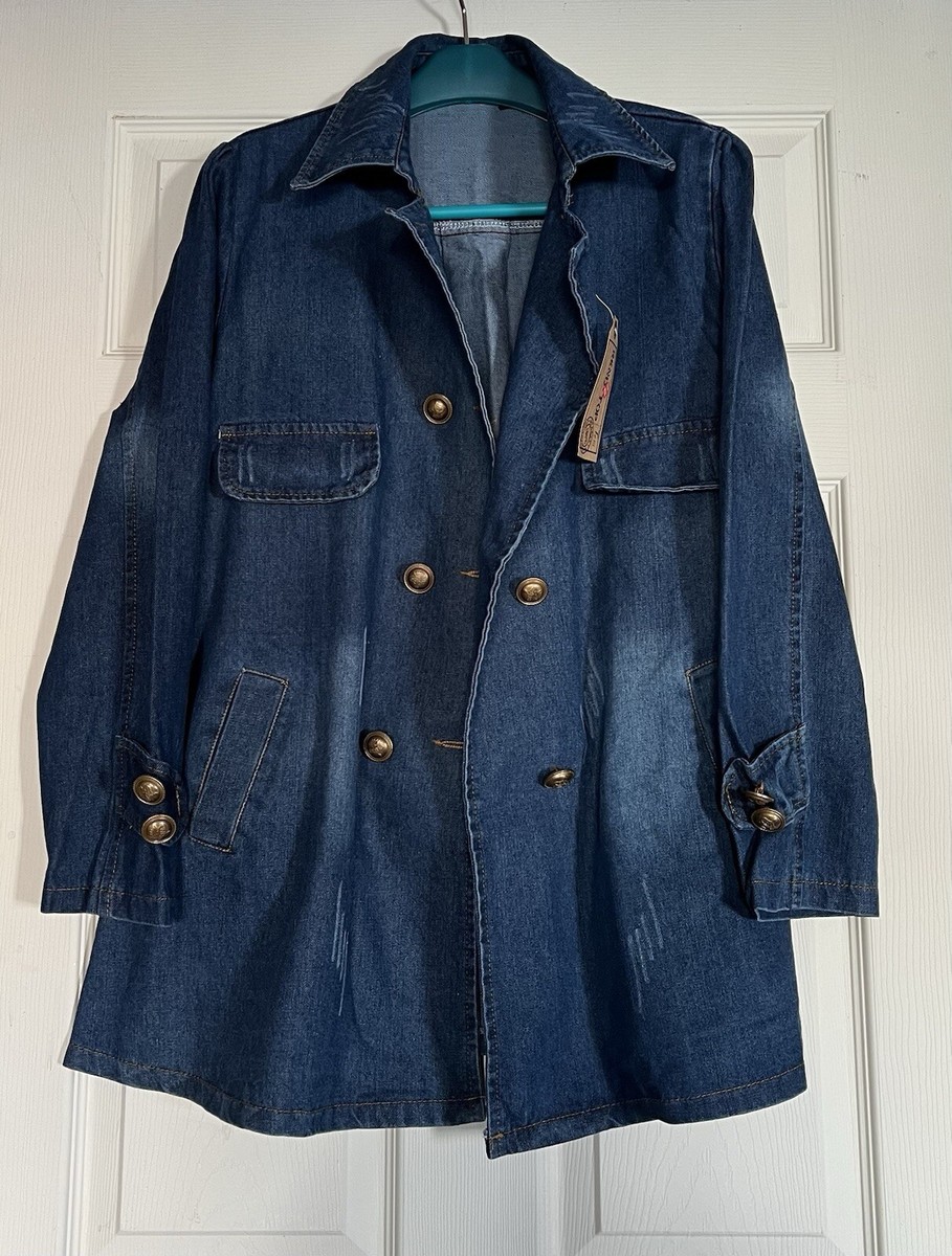 Denim Jacket Turndown Collar Double Breasted Trench SZ: Bust