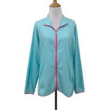 Adidas Golf Thin Windbreaker Jacket Womens L Large Aqua Pink Full Zip Pockets