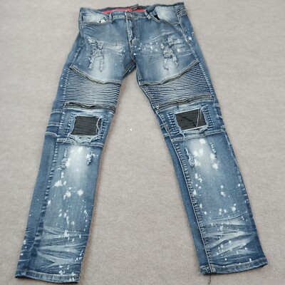 Encryptd Jeans Mens 36x30 Blue Moto Skinny Leg Paint Splatter