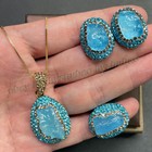Crystal Inlay Aquamarine Raw Gemstone Reiki Earrings +Ring +Pendant Necklace Set