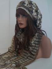 BROWN BEIGE MULTI COLOR HAT AND SCARF SET BERET CLOCHE BAGGY SLOUCHY TAM CROCHET